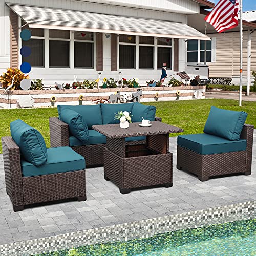 Patio Furniture Sectional Sofa Set 5 Pieces Outdoor Wicker Furniture Couch Adjustable Storage Table with Thicken(5) Peacock Blue NonSlip Cushions Furniture Cover